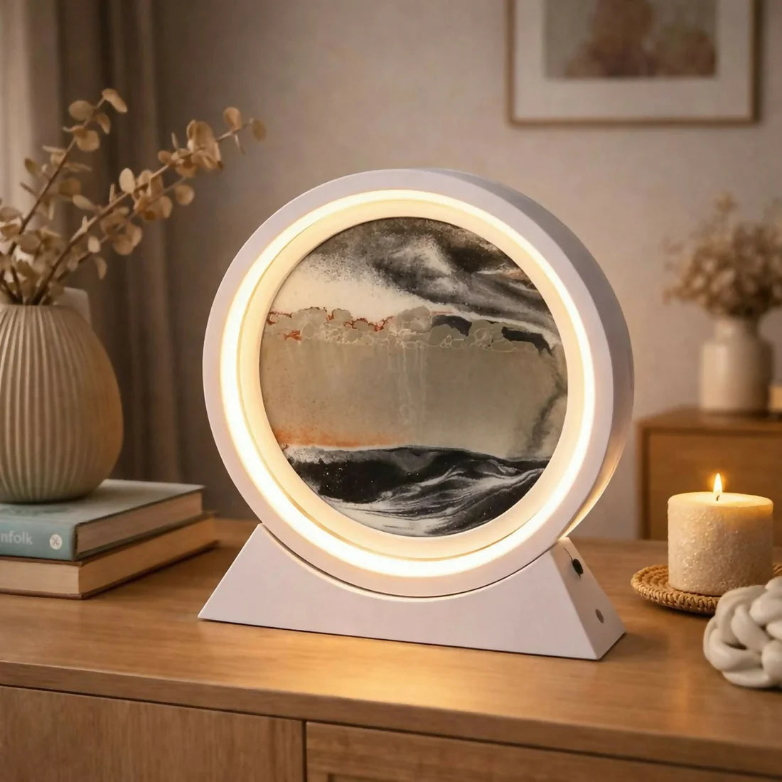 Round Sand Art LED Lamp with Soothing Moving Sand - White