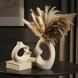 PUREZENTO Unique White Ceramic Donut Vase 8.5 & 5.7 Inch - Set of 2 | Decorative Donut Vase for Dried Flowers & Pampas Grass | Vases for Modern Home Decor, Living Room, Office Decor Ideas