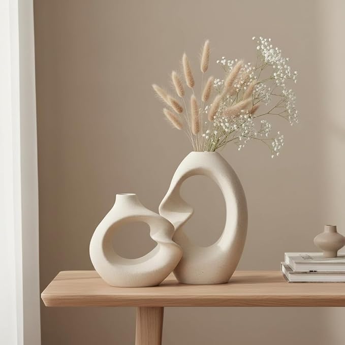 PUREZENTO Unique White Ceramic Donut Vase 8.5 & 5.7 Inch - Set of 2 | Decorative Donut Vase for Dried Flowers & Pampas Grass | Vases for Modern Home Decor, Living Room, Office Decor Ideas