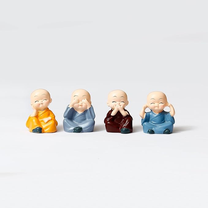 Click to see full view   3 VIDEOS     2+ eCraftIndia Resin Set of 4 Little Monk Buddha Statue Think No Evil Speak No Evil Hear No Evil See No Evil Showpiece for Home Decor Living Room Office| Diwali Housewarming Buddha Purnima Birthday Gifts