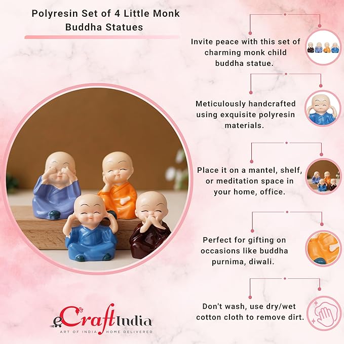 Click to see full view   3 VIDEOS     2+ eCraftIndia Resin Set of 4 Little Monk Buddha Statue Think No Evil Speak No Evil Hear No Evil See No Evil Showpiece for Home Decor Living Room Office| Diwali Housewarming Buddha Purnima Birthday Gifts