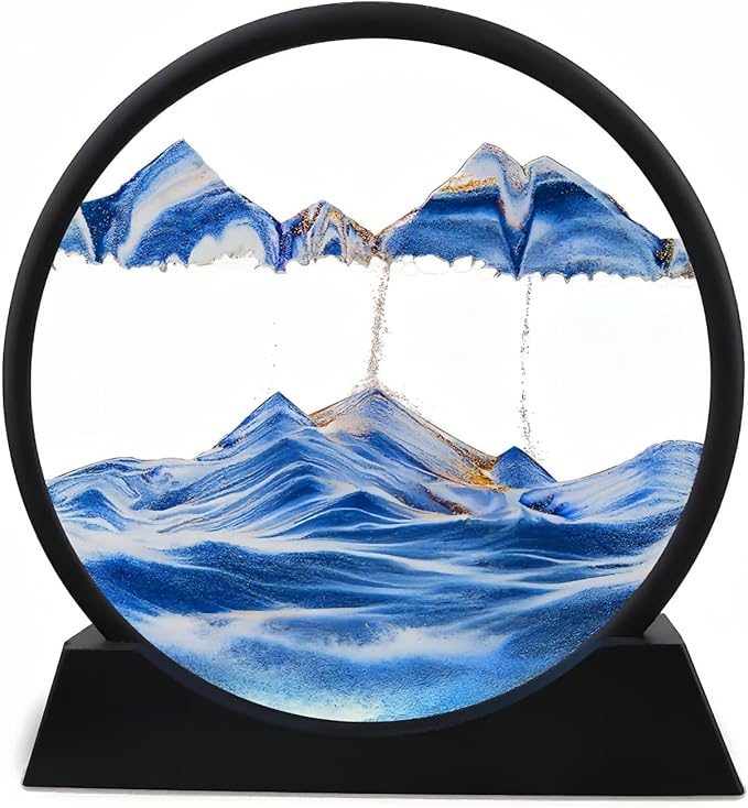 FEBLICH 3D Moving Sand Art Picture Glass Liquid Painting Natural Landscape Showpieces for Home Decor, Antique Gifts for Kids, Office Desktop Decoration, Desk Table Decorative Items (Blue)
