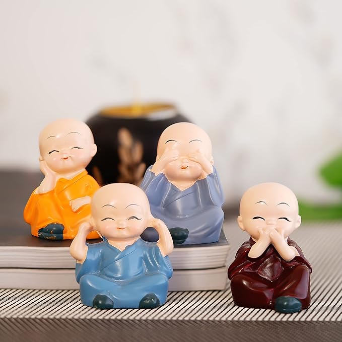 Click to see full view   3 VIDEOS     2+ eCraftIndia Resin Set of 4 Little Monk Buddha Statue Think No Evil Speak No Evil Hear No Evil See No Evil Showpiece for Home Decor Living Room Office| Diwali Housewarming Buddha Purnima Birthday Gifts