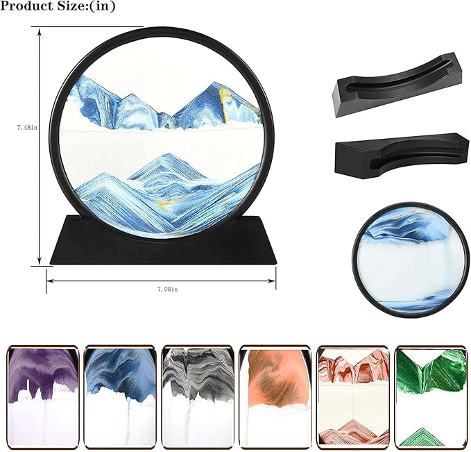FEBLICH 3D Moving Sand Art Picture Glass Liquid Painting Natural Landscape Showpieces for Home Decor, Antique Gifts for Kids, Office Desktop Decoration, Desk Table Decorative Items (Blue)