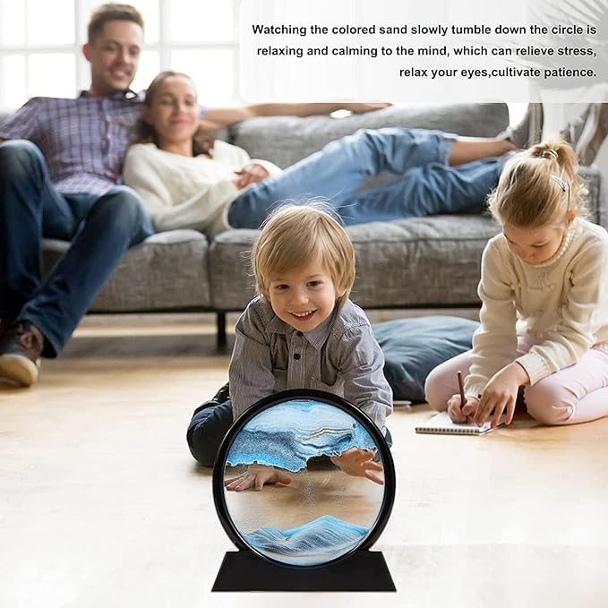 FEBLICH 3D Moving Sand Art Picture Glass Liquid Painting Natural Landscape Showpieces for Home Decor, Antique Gifts for Kids, Office Desktop Decoration, Desk Table Decorative Items (Blue)