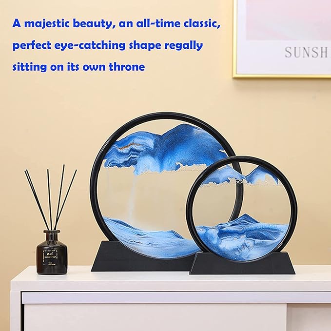 FEBLICH 3D Moving Sand Art Picture Glass Liquid Painting Natural Landscape Showpieces for Home Decor, Antique Gifts for Kids, Office Desktop Decoration, Desk Table Decorative Items (Blue)