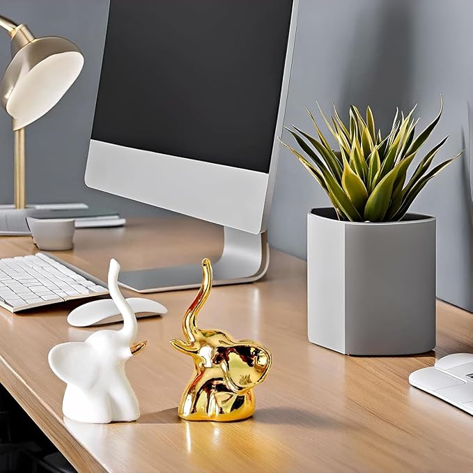 Street27® Home Decor Elephant Statue For Good Luck,Fengshui Ceramic Creative Small Modern Style Elephant Idol Figurines,Decorative Gift Items For Home,Office Desktop,Living Room (2pcs),White,Gold