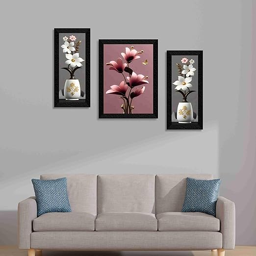 SAF flower pot wall painting for Wall Decoration - Set Of 3, 3d modern art Painting for Living Room Large Size with Frames for Home Decoration, Hotel, Office Paintings 61 cm x 36 cm SANFS36037