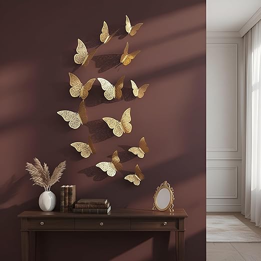 Xtore® 12pcs 3D Home Decor Butterfly with Sticking Pad (Shimmer Golden, Set of 12)
