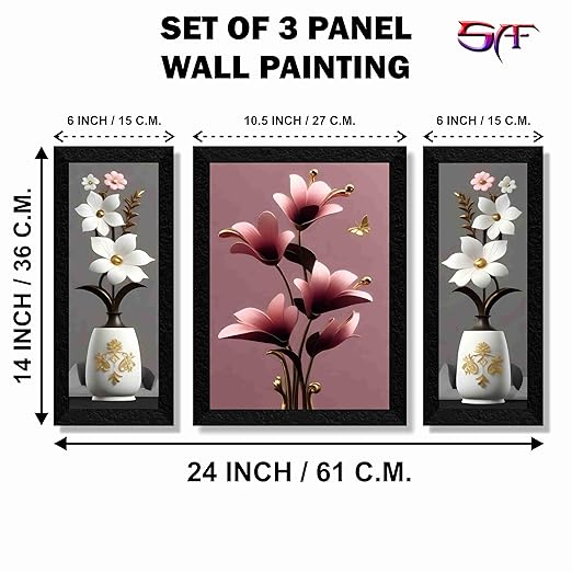 SAF flower pot wall painting for Wall Decoration - Set Of 3, 3d modern art Painting for Living Room Large Size with Frames for Home Decoration, Hotel, Office Paintings 61 cm x 36 cm SANFS36037
