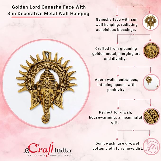 Click to see full view   2 VIDEOS     4+ eCraftIndia Golden Metal Sun Decorative Ganesha Wall Hanging | Lord Ganesha Statue Wall Art- Decorative Showpiece for Wall Decor | Diwali Decoration Items for Home Decor- Gift for Diwali Housewarming