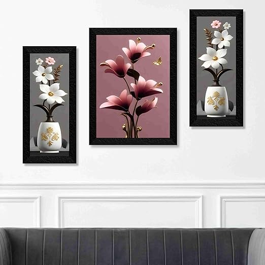 SAF flower pot wall painting for Wall Decoration - Set Of 3, 3d modern art Painting for Living Room Large Size with Frames for Home Decoration, Hotel, Office Paintings 61 cm x 36 cm SANFS36037