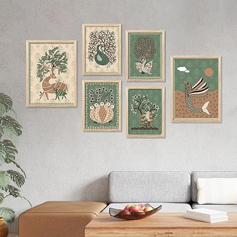 kotart Gond art Wall paintings for living room - Paintings wall decoration Wall frames for home decor Set of 6 Multicolo (F)