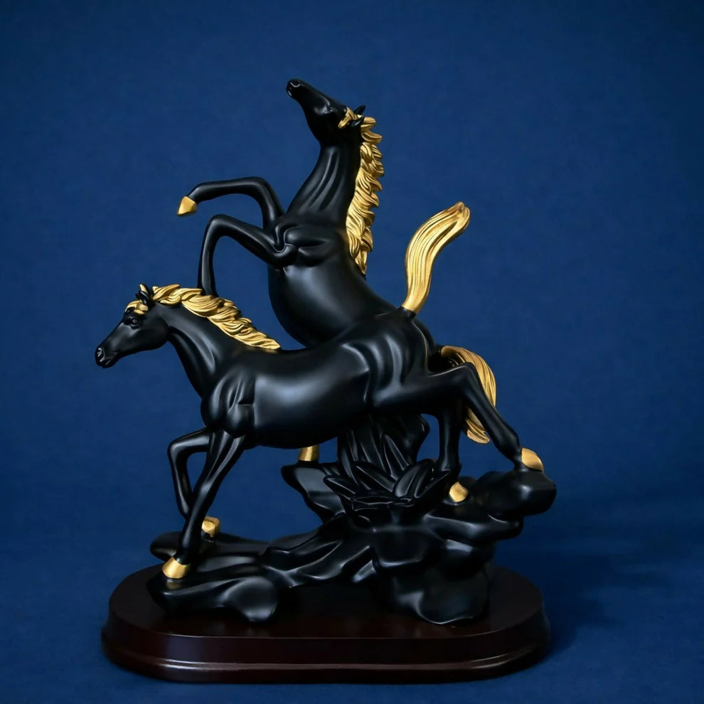 Black Gold Dual Horse Statue - Elegant Home Decor Accent