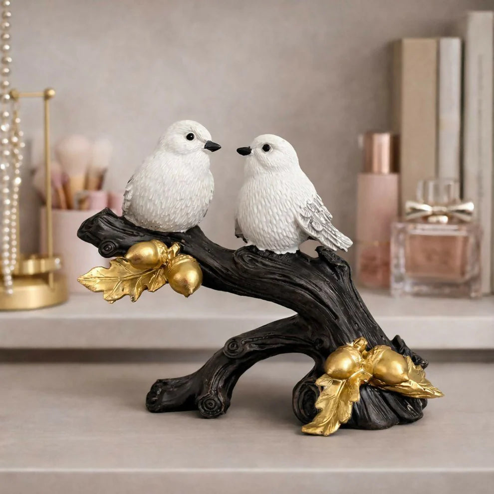 Elegant Bird Couple Showpiece with Golden Leaf Decor