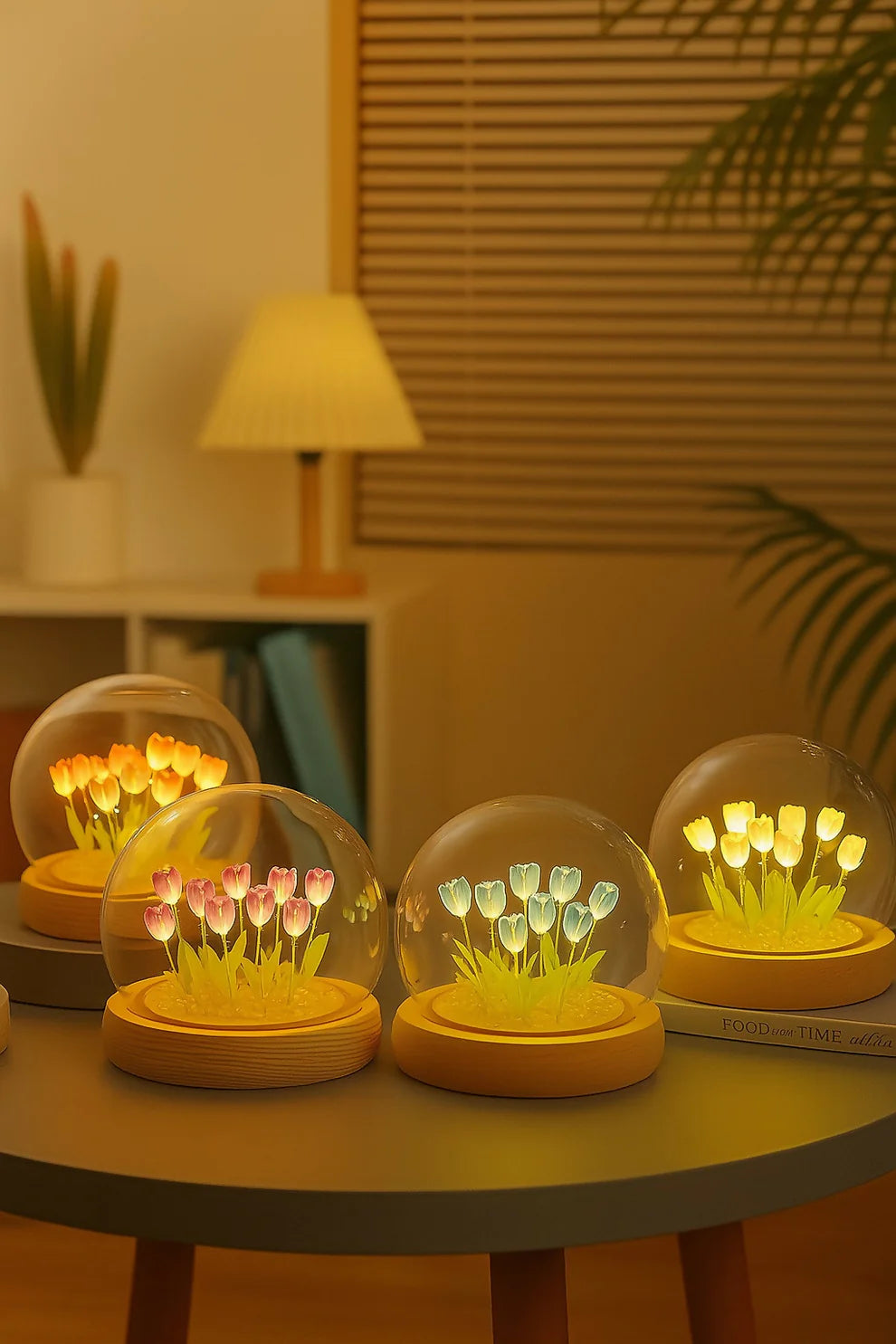 LED Purple Tulip Dome Lamp with Wooden Base for Home Decor