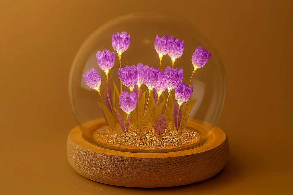 LED Purple Tulip Dome Lamp with Wooden Base for Home Decor