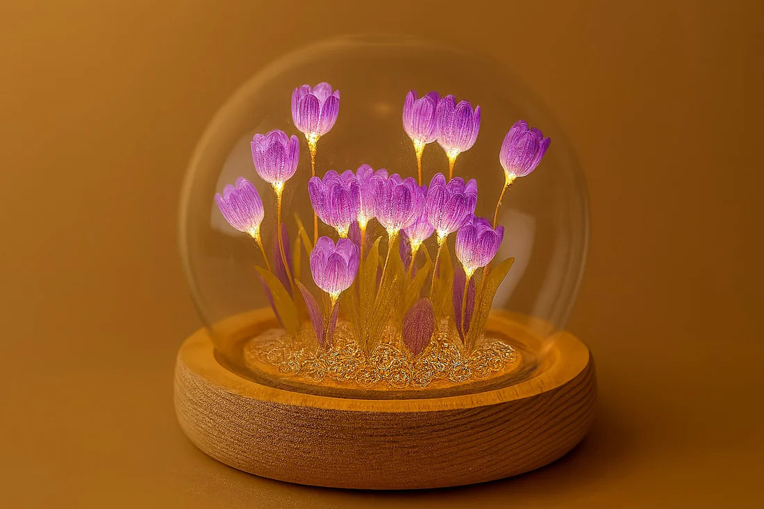 LED Purple Tulip Dome Lamp with Wooden Base for Home Decor