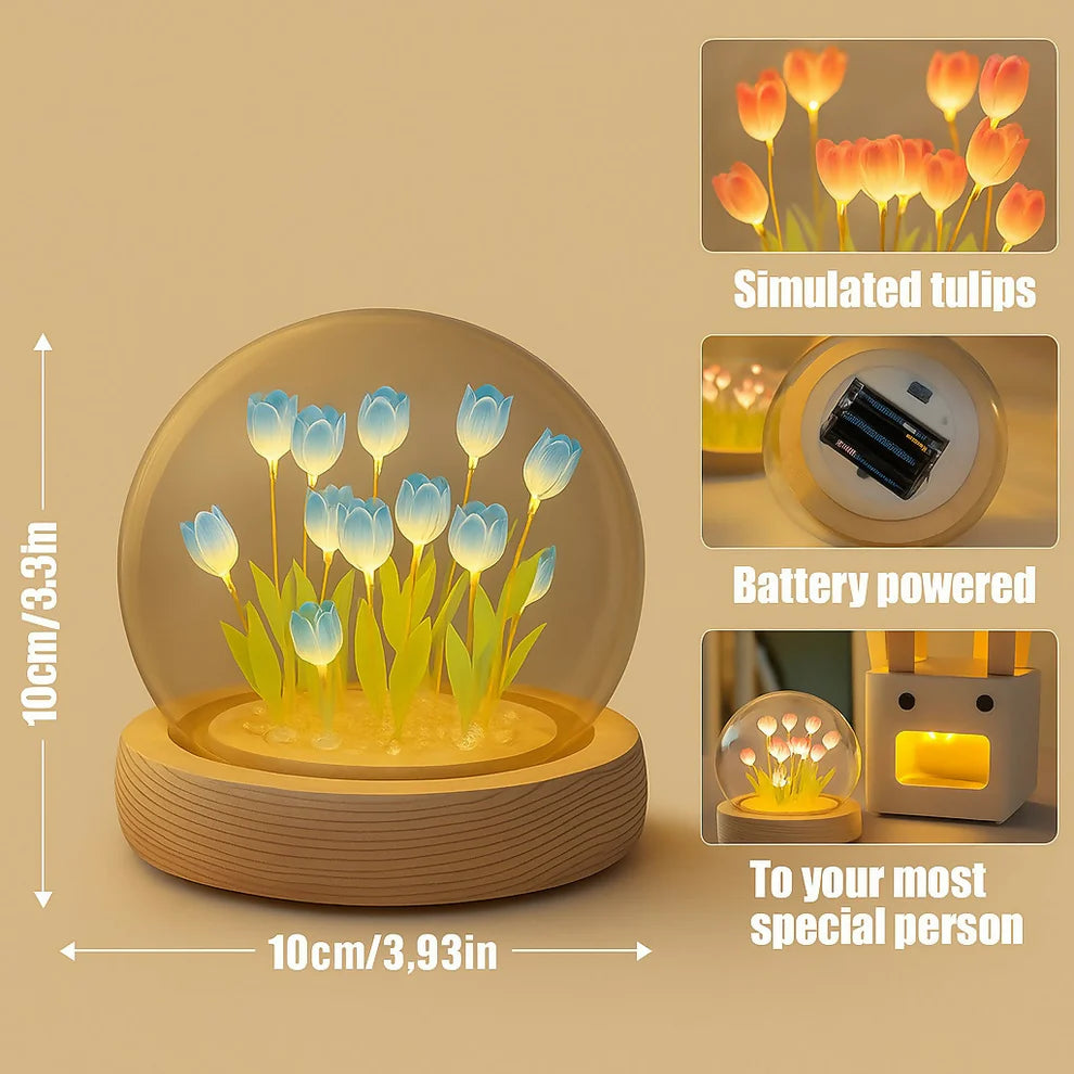 LED Purple Tulip Dome Lamp with Wooden Base for Home Decor