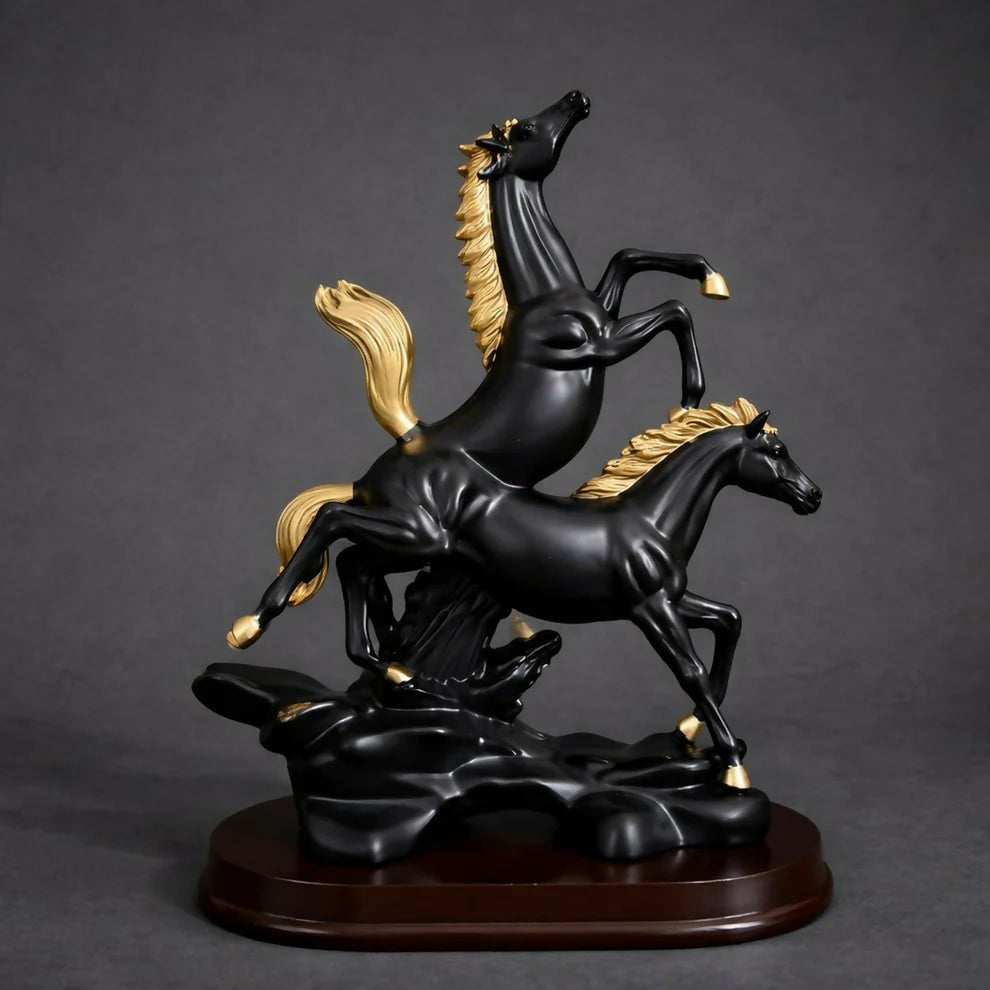Black Gold Dual Horse Statue - Elegant Home Decor Accent