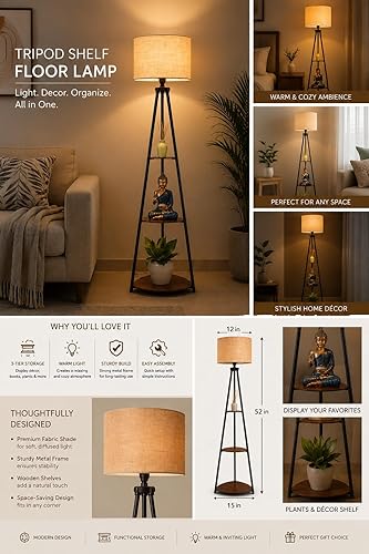 Click to see full view Crosscut Furniture LED Tripod Floor Lamp with 3 Shelves, Brown Jute, Metal Corner Floor Lamp, for Decoration and Gifting